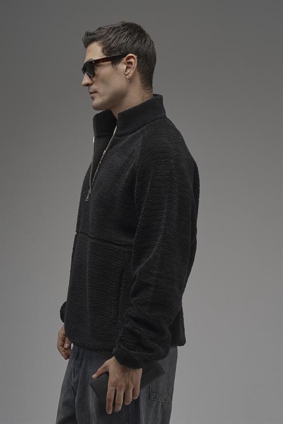 Image of Dik Yaka Fermuarlı Cepli Reglan Kol Oversize Kalıp Erkek Polar