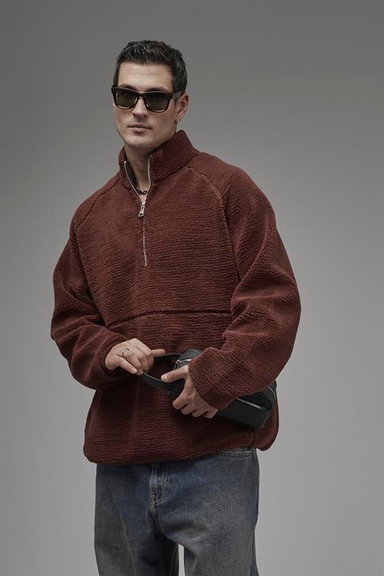 Image of Jachetă bărbătească din fleece, cu guler înalt și fermoar, cu mâneci raglan, croială supradimensionată