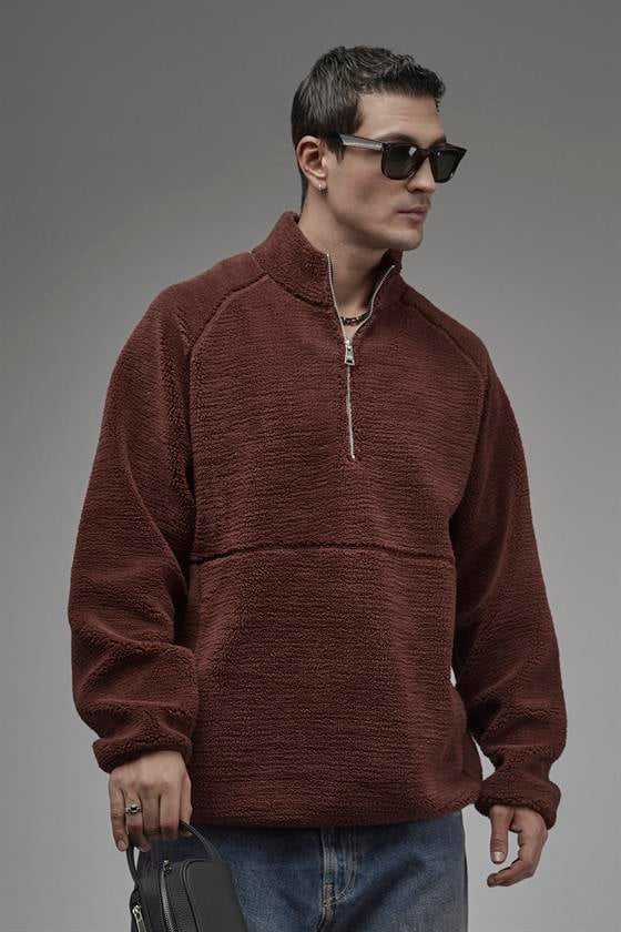 Image of Jachetă bărbătească din fleece, cu guler înalt și fermoar, cu mâneci raglan, croială supradimensionată