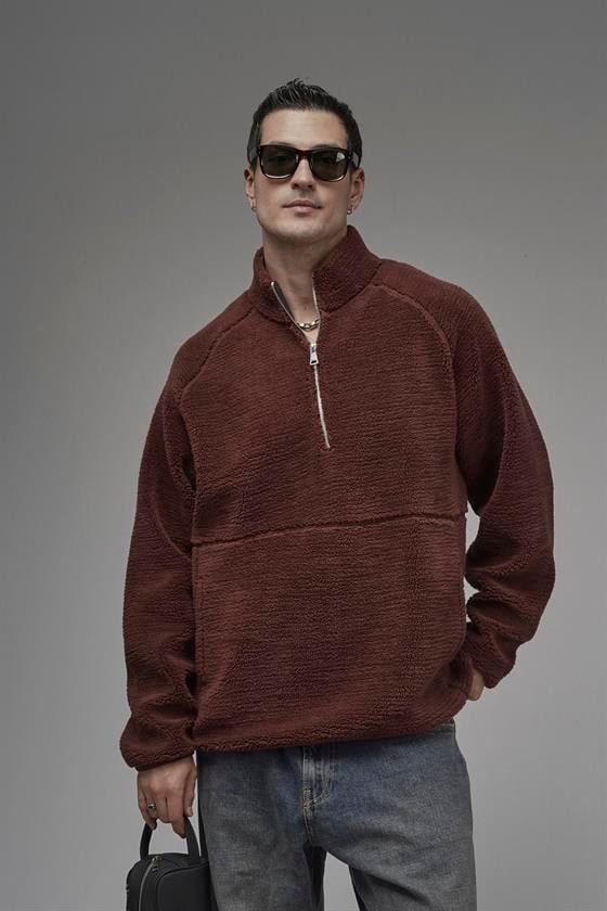 Image of Jachetă bărbătească din fleece, cu guler înalt și fermoar, cu mâneci raglan, croială supradimensionată