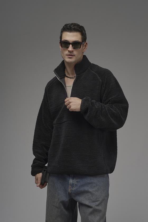 Image of Dik Yaka Fermuarlı Cepli Reglan Kol Oversize Kalıp Erkek Polar