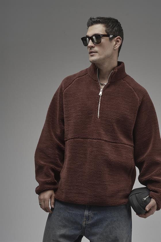 Image of Jachetă bărbătească din fleece, cu guler înalt și fermoar, cu mâneci raglan, croială supradimensionată