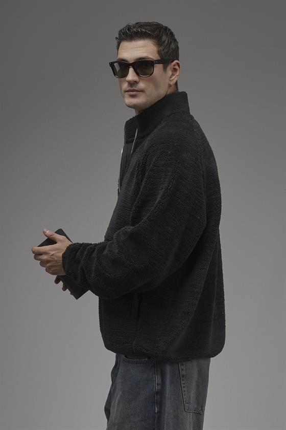 Image of Dik Yaka Fermuarlı Cepli Reglan Kol Oversize Kalıp Erkek Polar