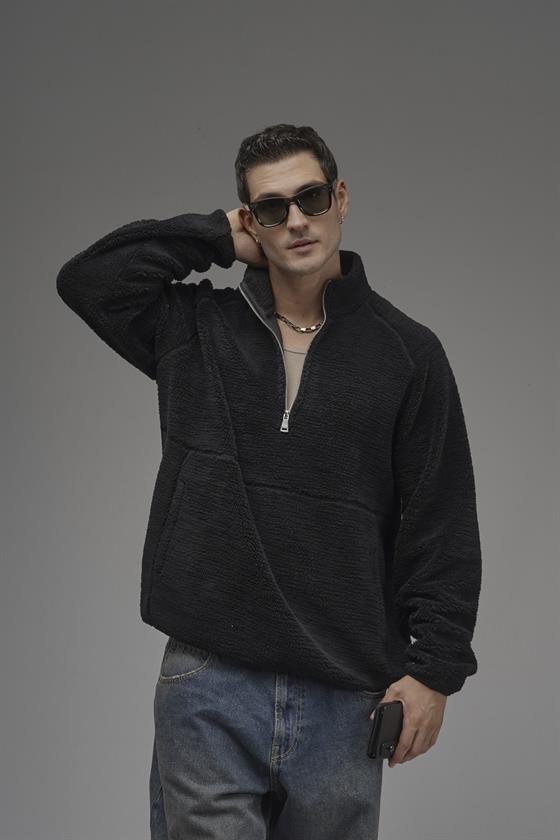Image of Dik Yaka Fermuarlı Cepli Reglan Kol Oversize Kalıp Erkek Polar