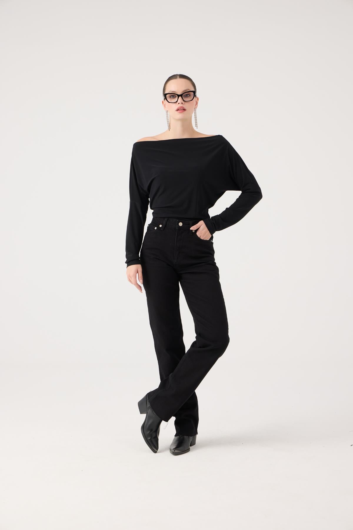Image of Yüksek Bel Straight Kesim Sagrado Jean Pantolon Siyah