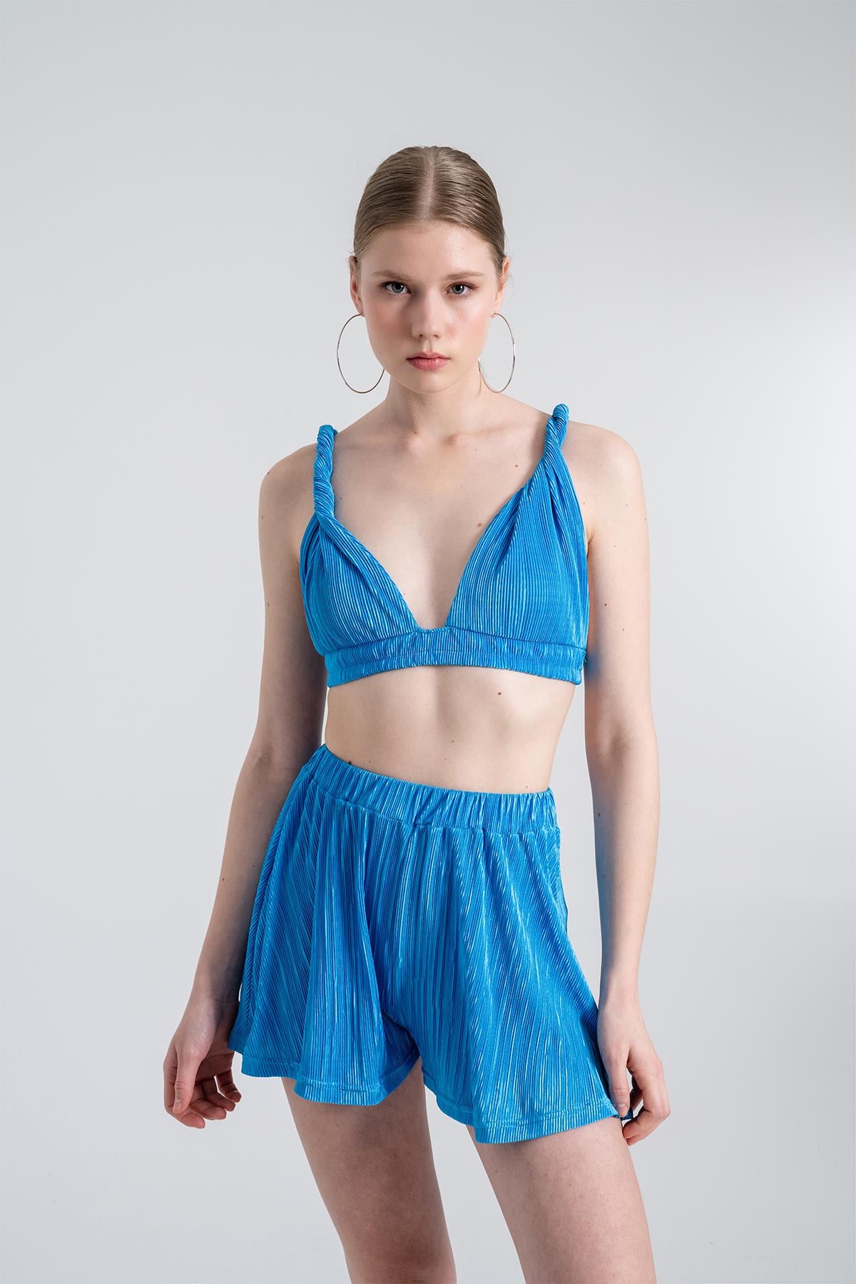 Image of Beli Lastikli Mini Comfy Şort Mavi