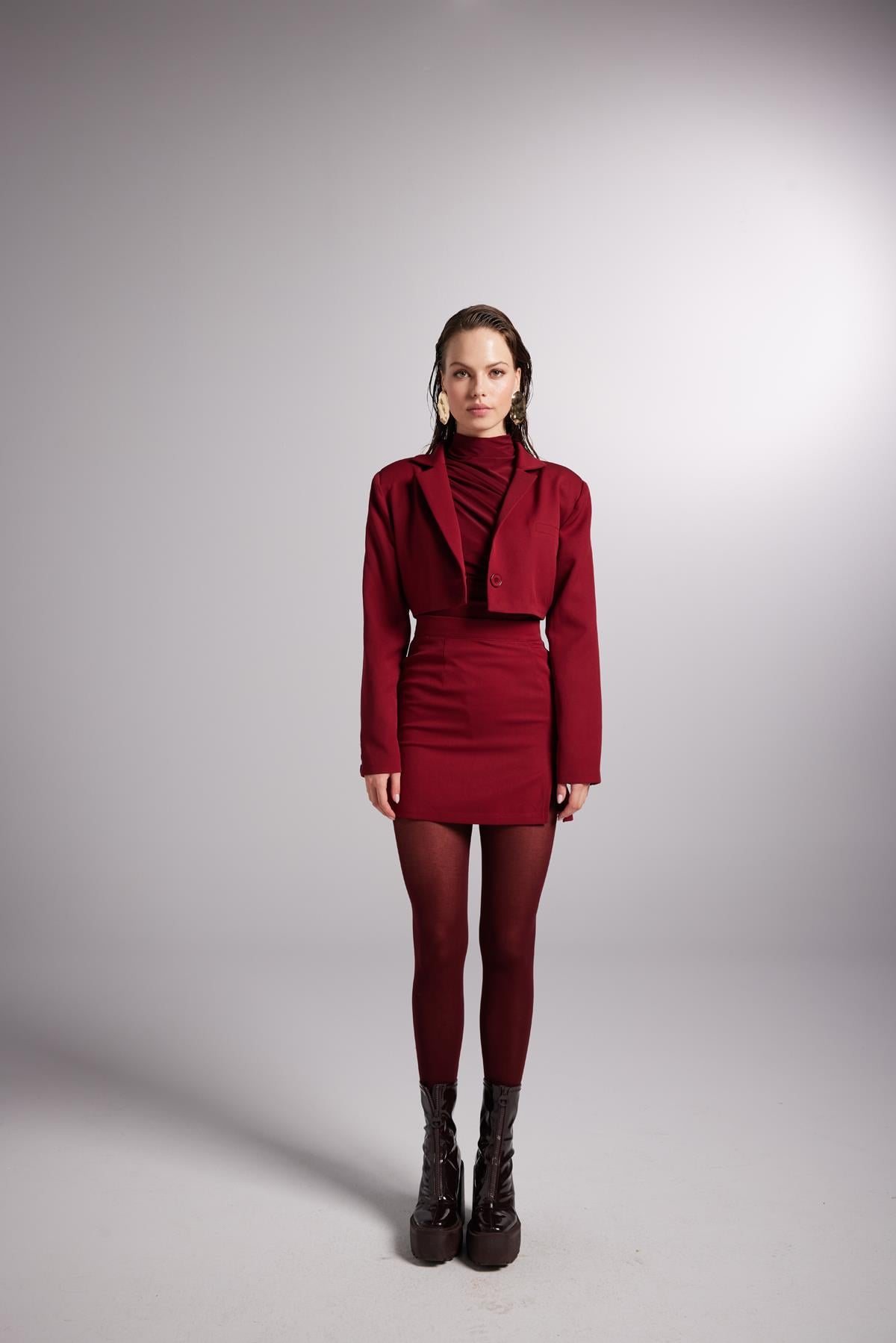 Image of Yırtmaçlı Mini Panky Etek Bordo