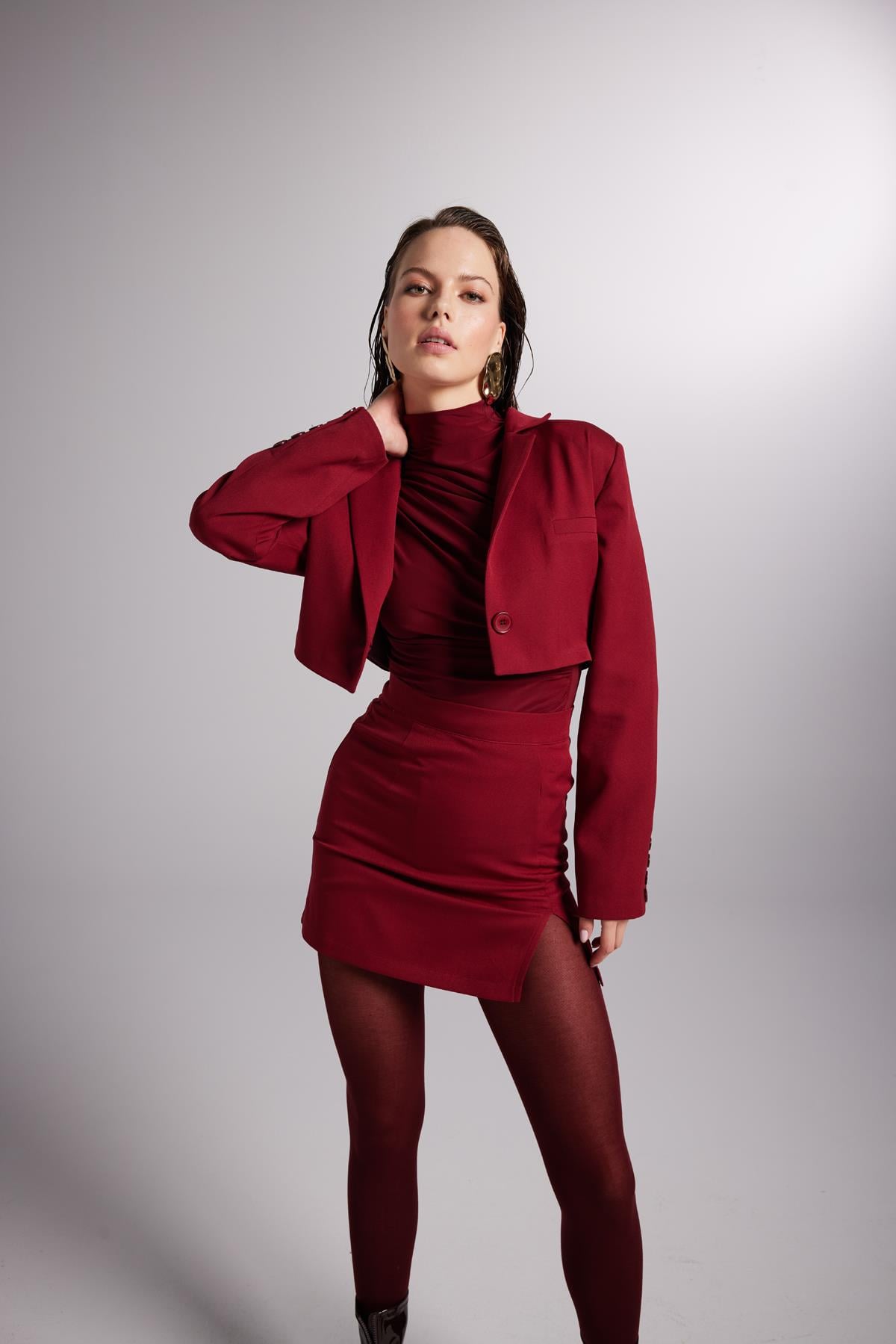 Image of Yırtmaçlı Mini Panky Etek Bordo
