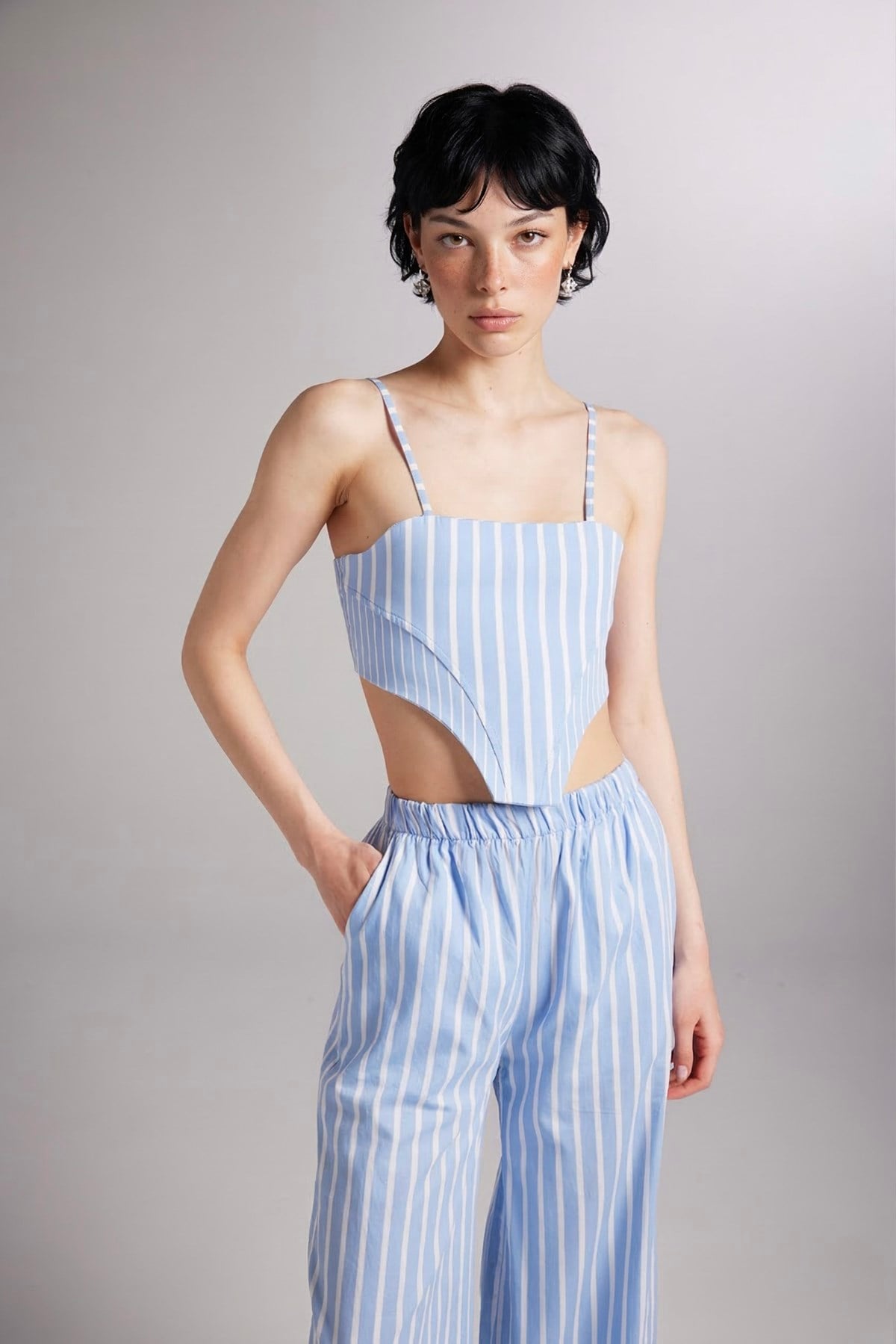 Image of Askılı Çizgili Harmony Poplin Büstiyer Mavi