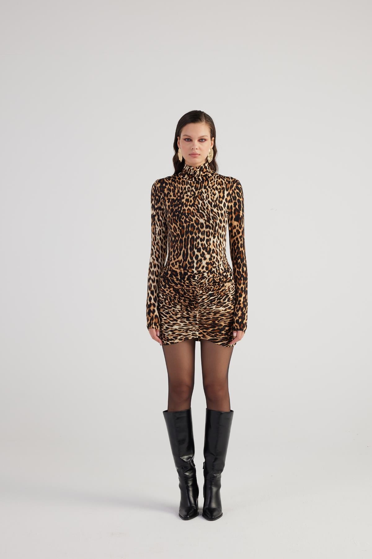 Image of Leopar Desenli Balıkçı Yaka Mini Britney Elbise Kahve