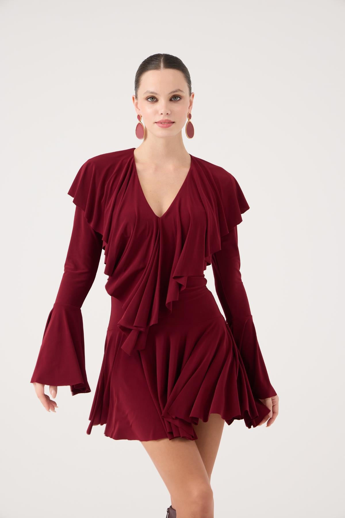 Image of Fırfırlı Mini Yolanthe Elbise Bordo