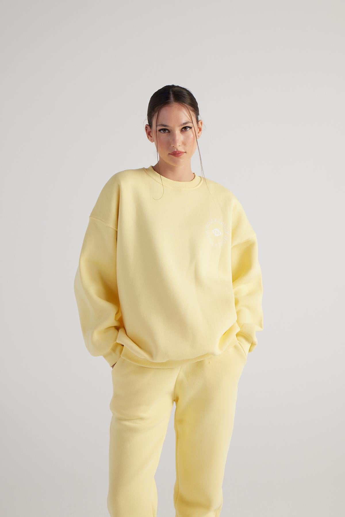 Image of 3 İplik Şardonlu Uzun Kol Bisiklet Yaka Fine Sweatshirt Sarı
