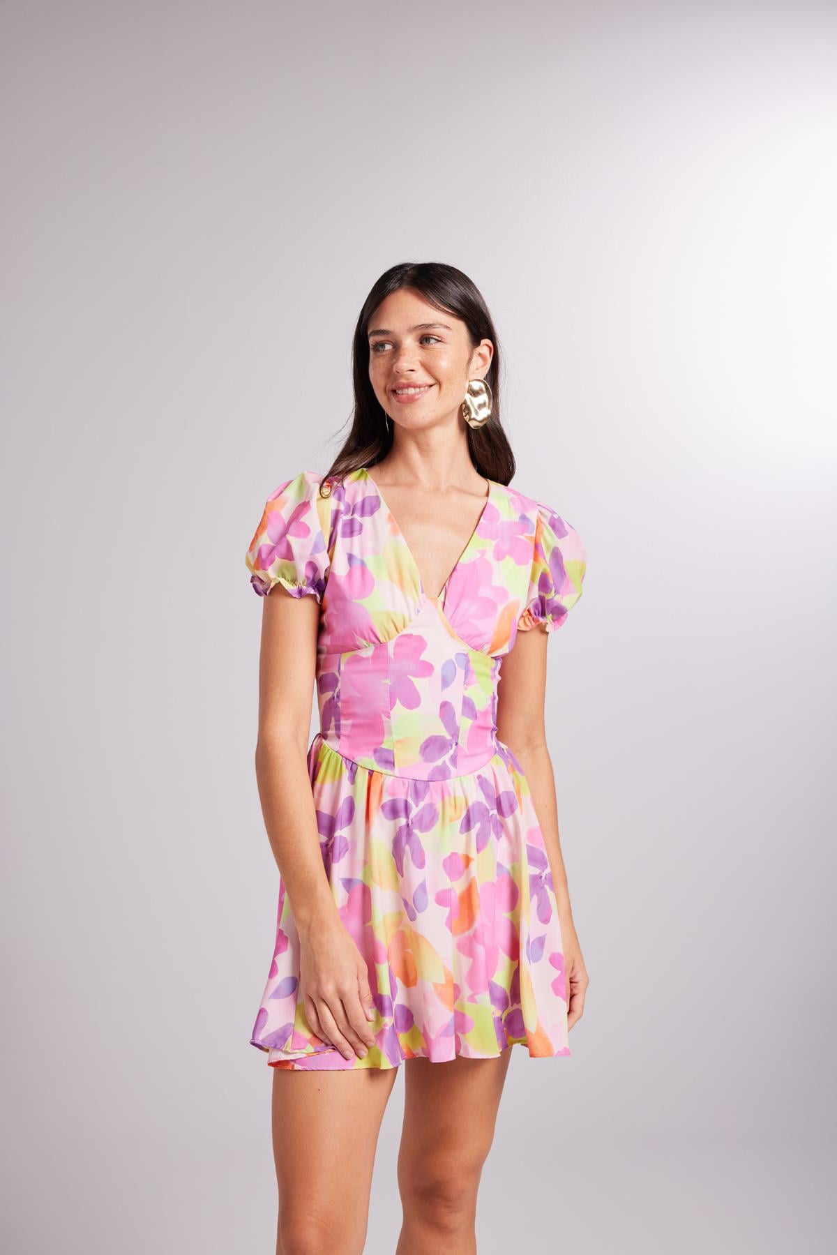 Image of Beli Korse Detaylı Çiçekli Mini Manica Elbise Pembe