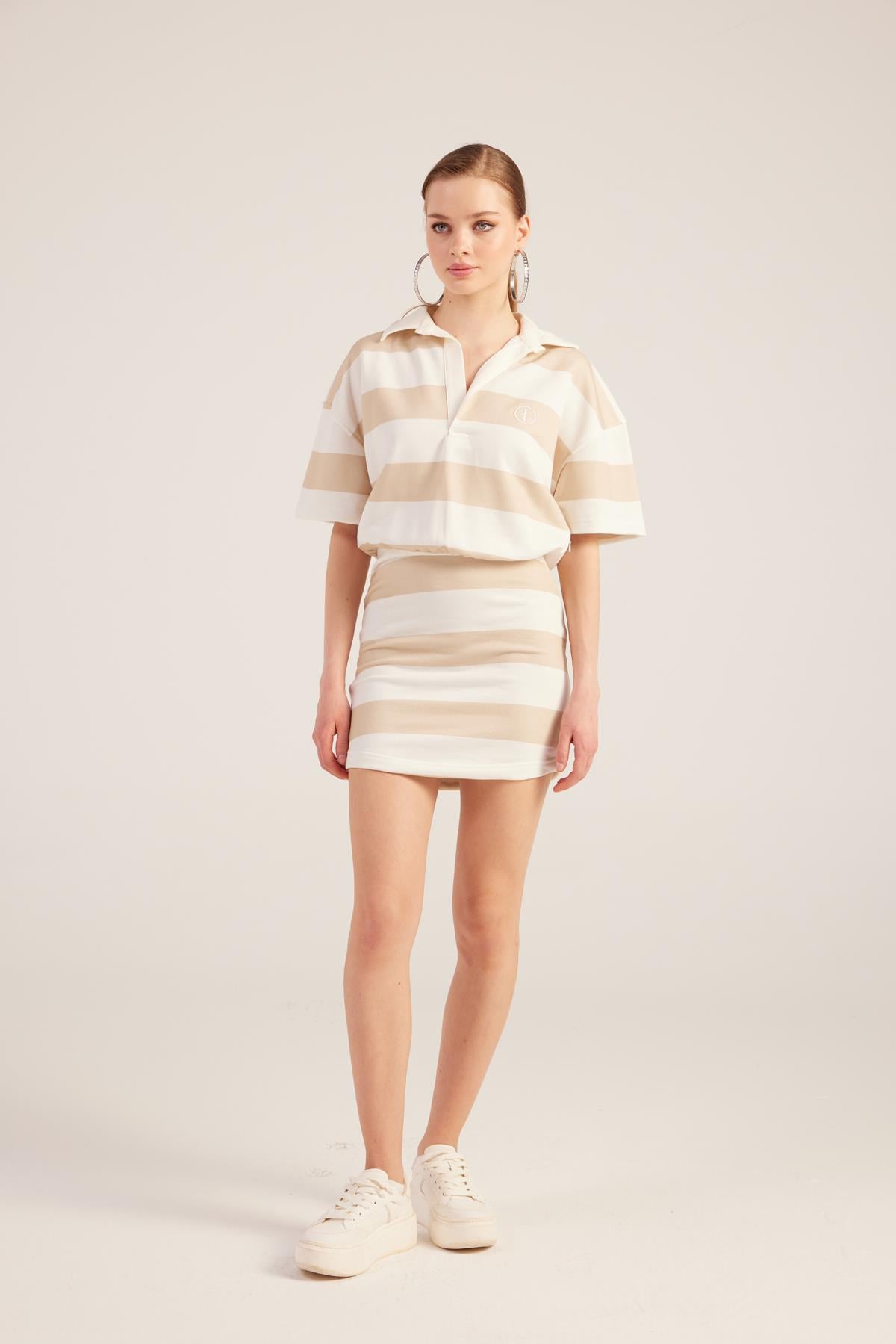 Image of Polo Yaka Çizgili Mini Pamela Elbise Bej