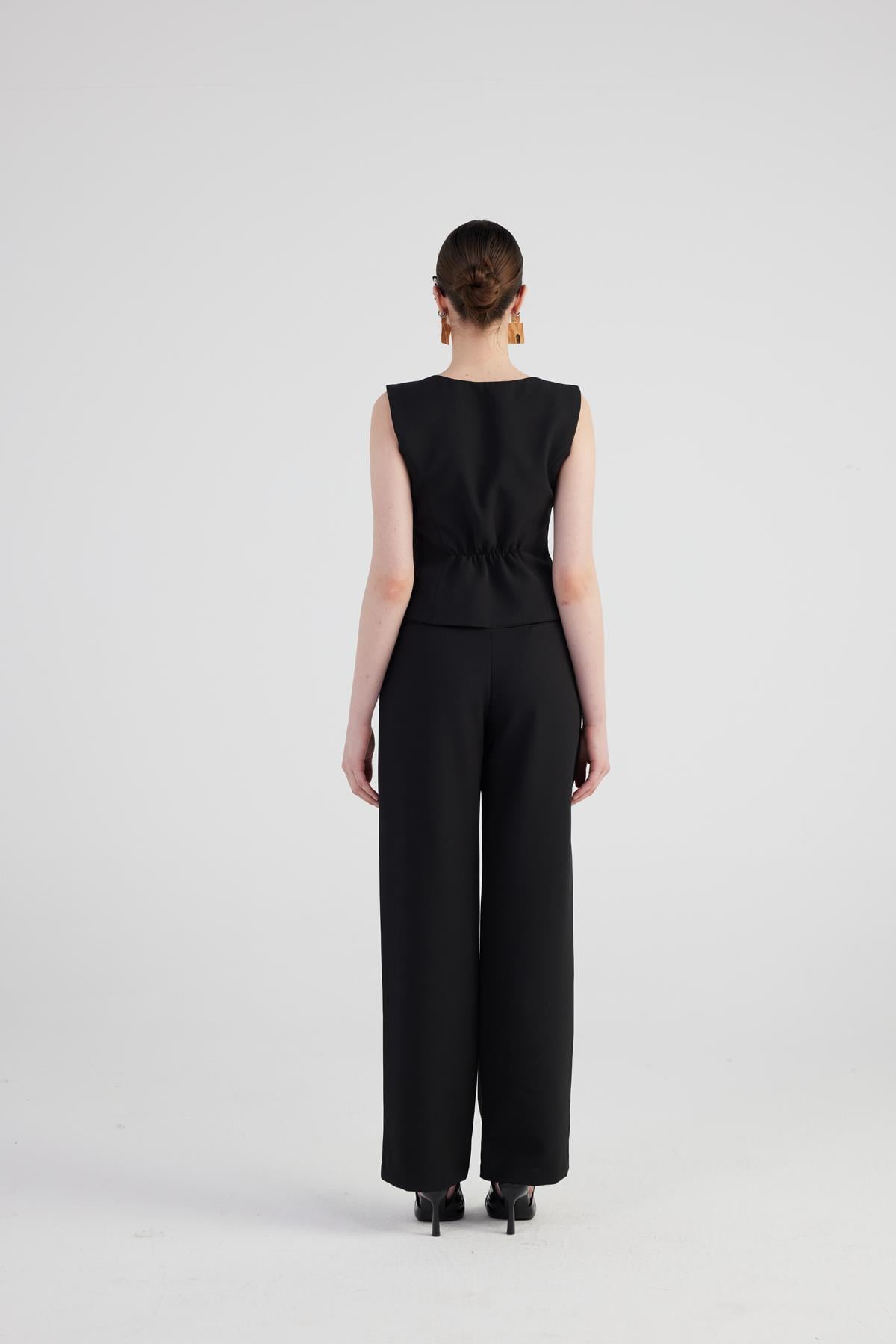 Image of Geniş Paça Pilili Yüksek Bel Palazzo Giselle Pantolon Siyah