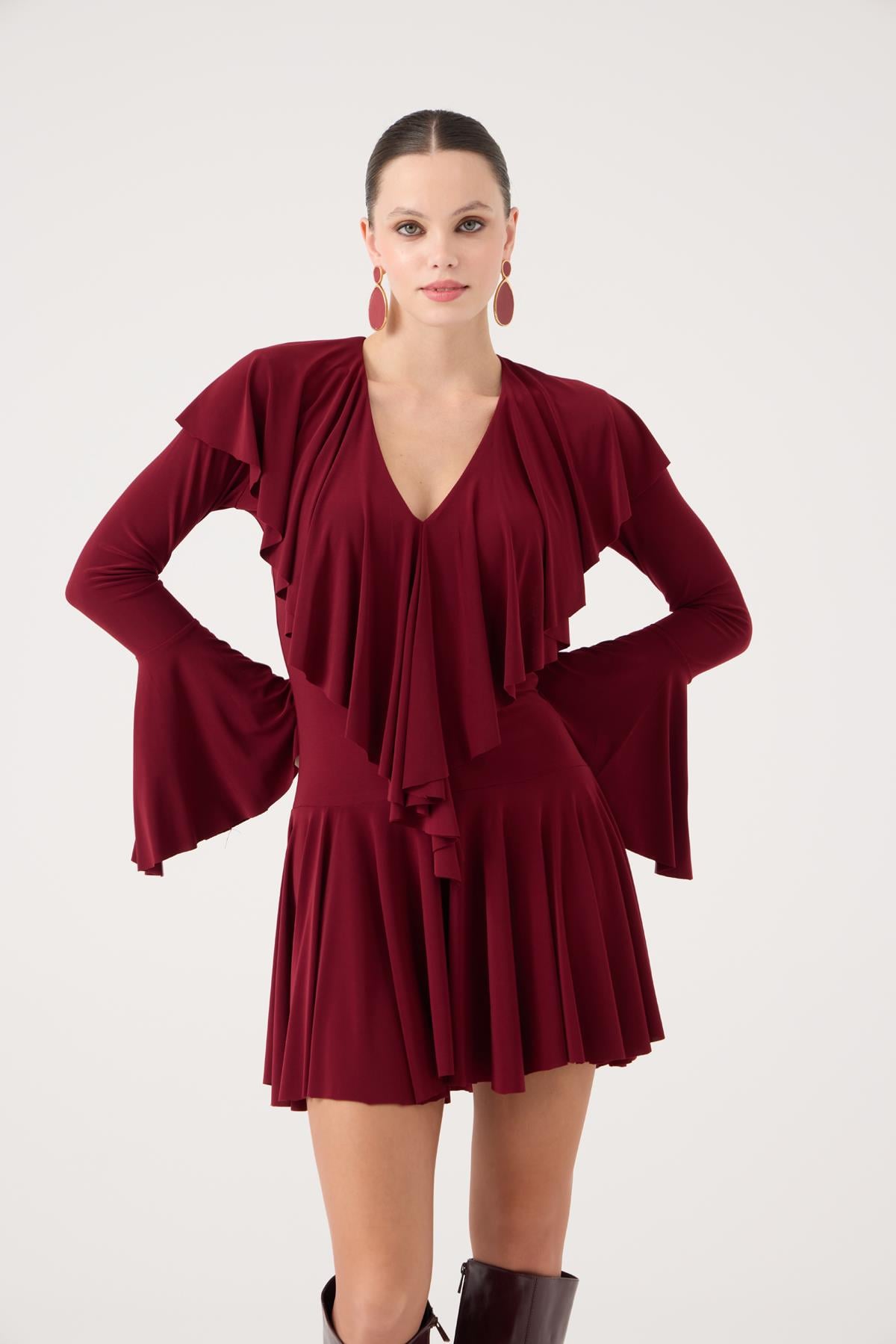 Image of Fırfırlı Mini Yolanthe Elbise Bordo