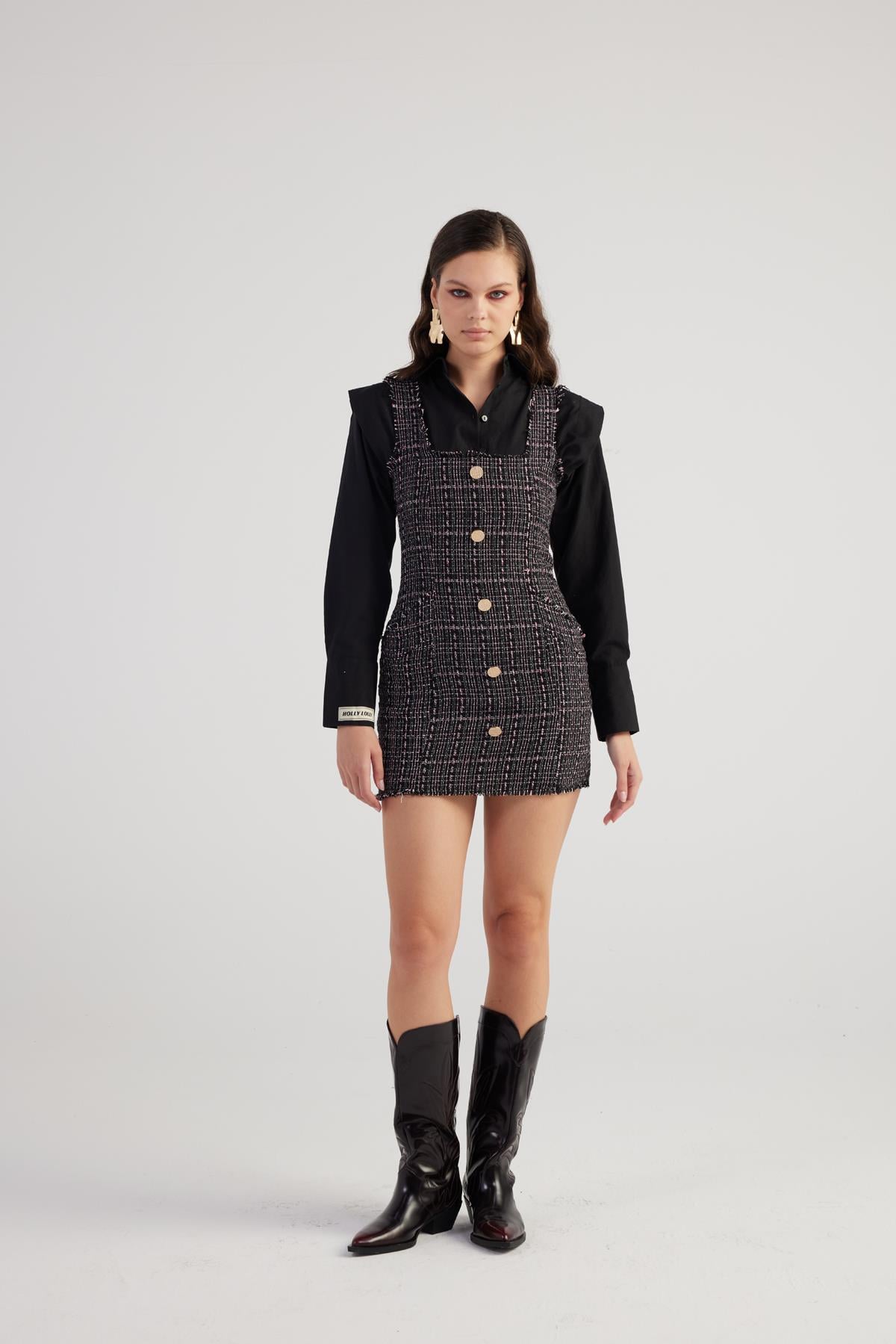 Image of Metal Düğme Detaylı Mini Tweed Elbise Siyah