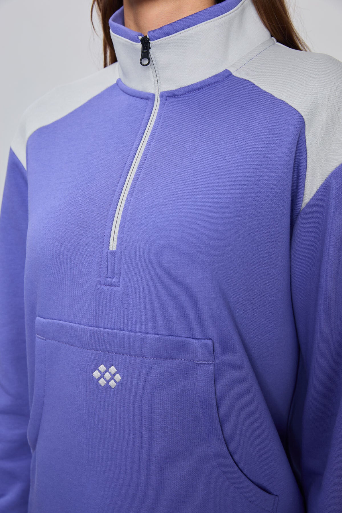 Image of Eflatun-Taş Kompakt Pamuklu Kalın Pürüzsüz Dokulu Dik Yaka Oversize Fit Kadın Eşofman Takım - 95342