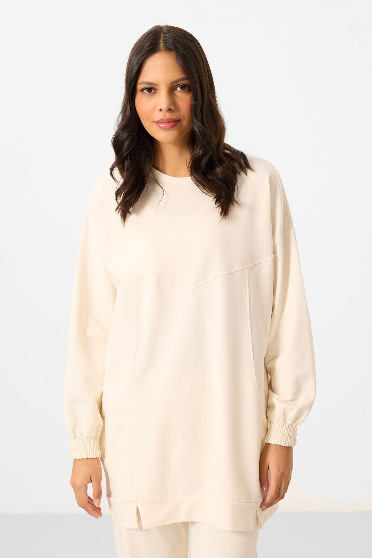 Image of Ekru O Yaka Basic Oversize Kadın Eşofman Tunik Takım - 95347