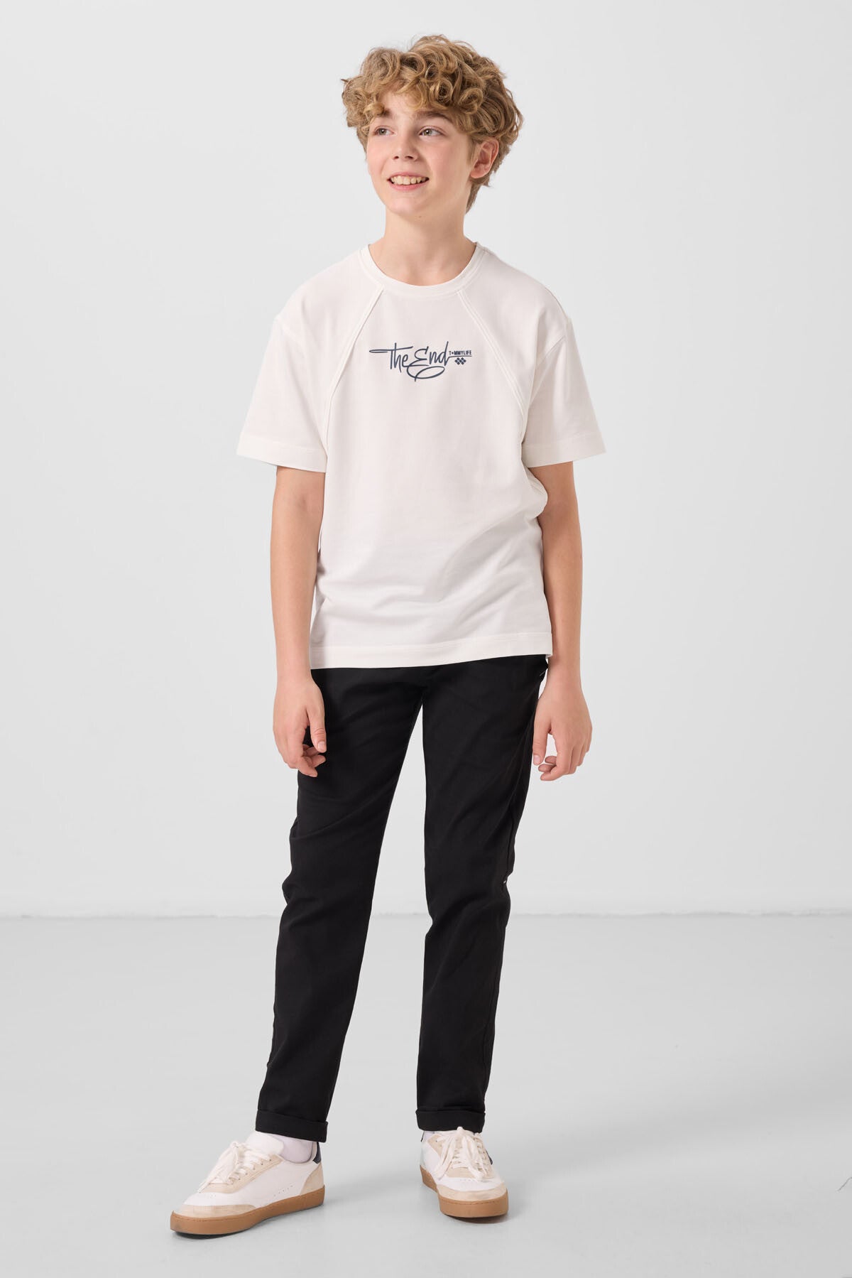 Image of Ekru Pamuklu Yumuşak Dokulu Oversize Baskılı Erkek Çocuk T-Shirt - 11285