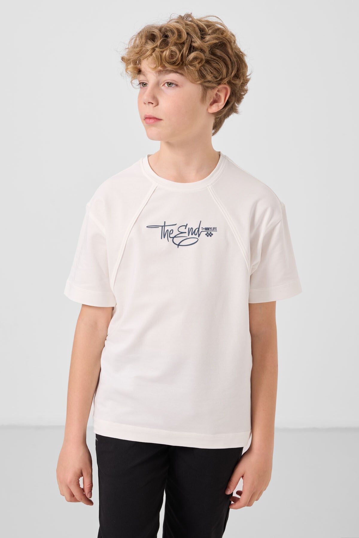 Image of Ekru Pamuklu Yumuşak Dokulu Oversize Baskılı Erkek Çocuk T-Shirt - 11285