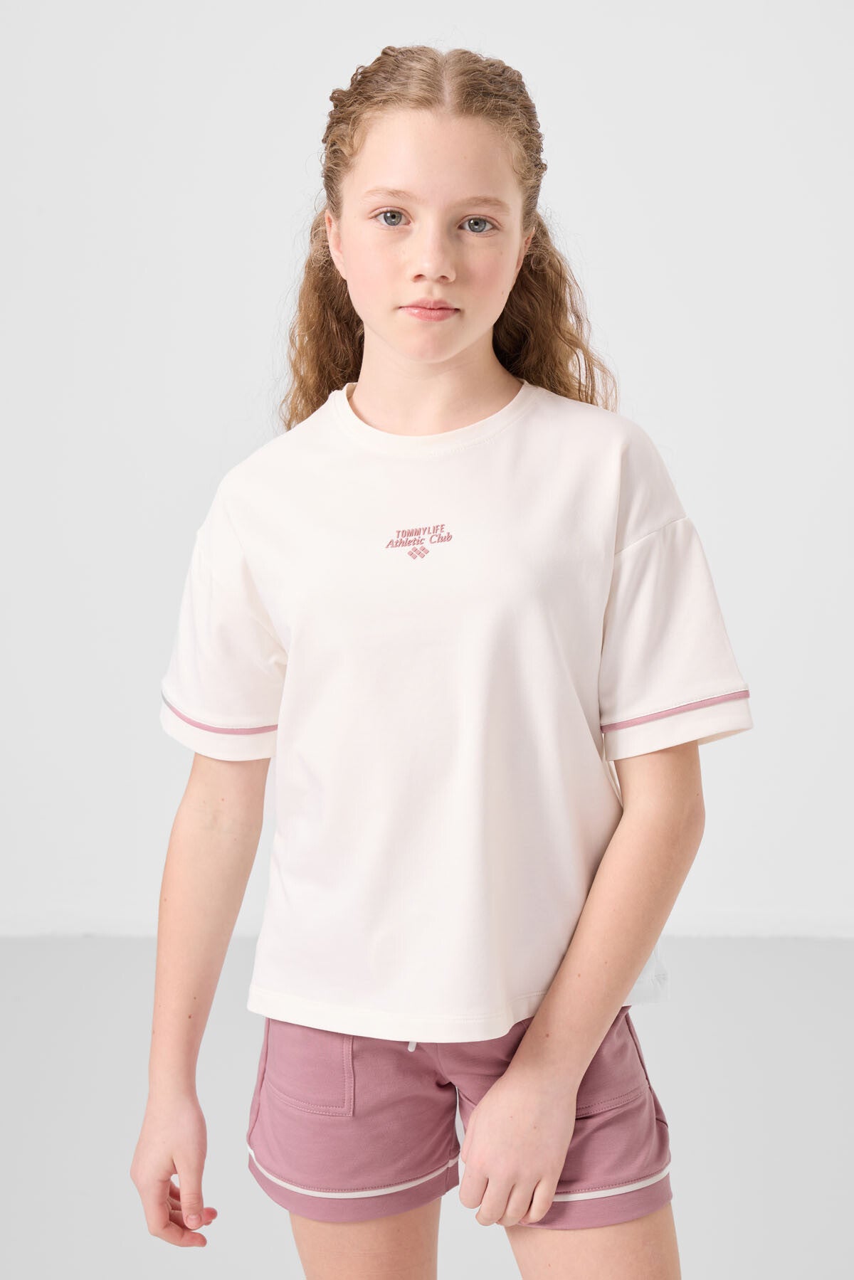 Image of Ekru-Gül Kurusu Pamuklu Yumuşak Dokulu Standart Fit Basic Kız Çocuk Şort Takım - 75183