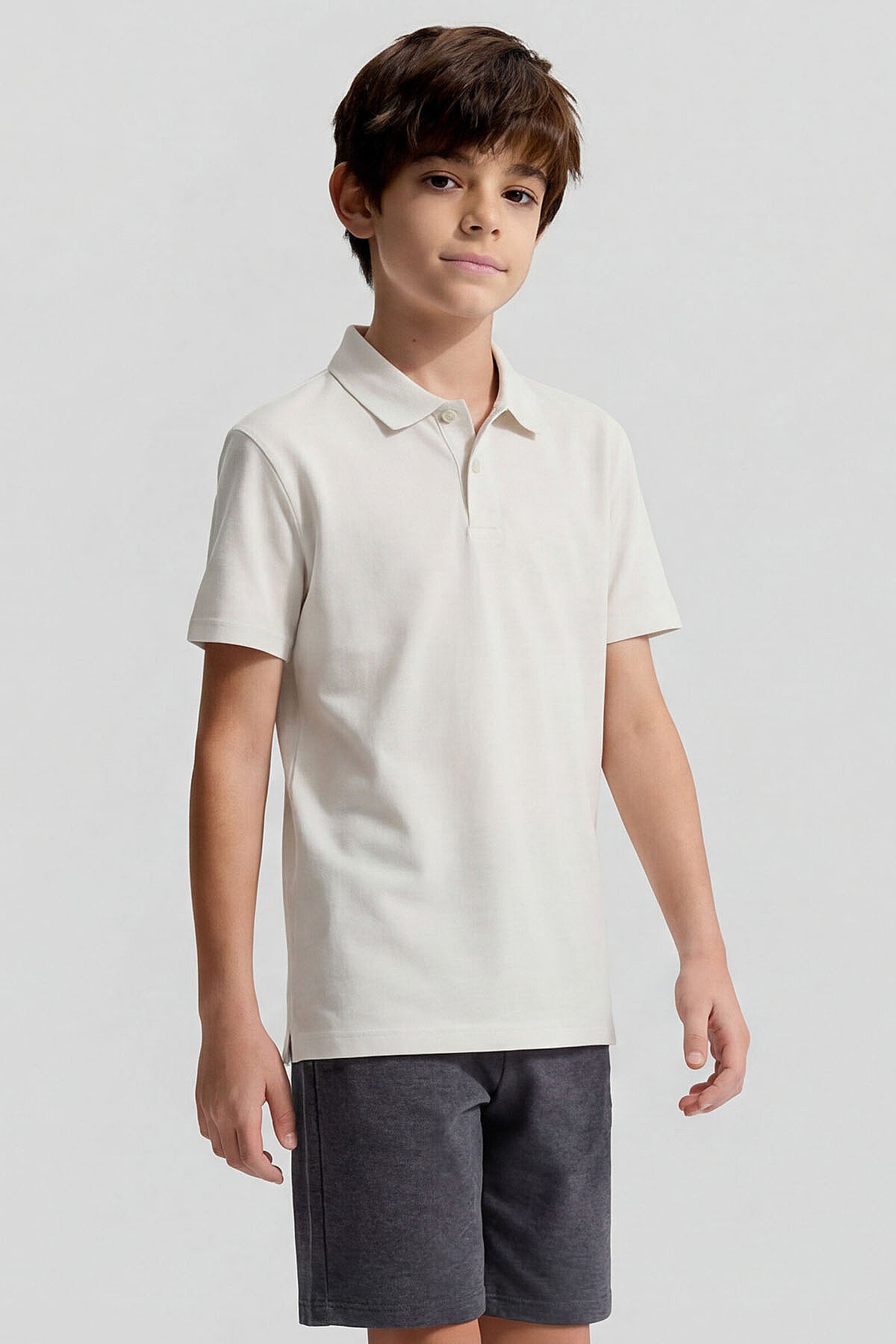 Image of Ekru Polo Yaka Standart Fit Basic Unisex Çocuk T-Shirt - 11330