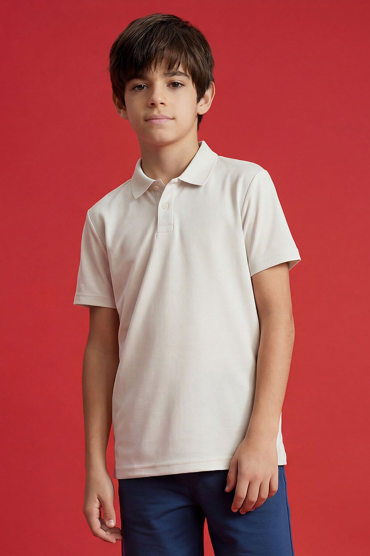 Image of Ekru Polo Yaka Standart Fit Basic Unisex Çocuk T-Shirt - 11330