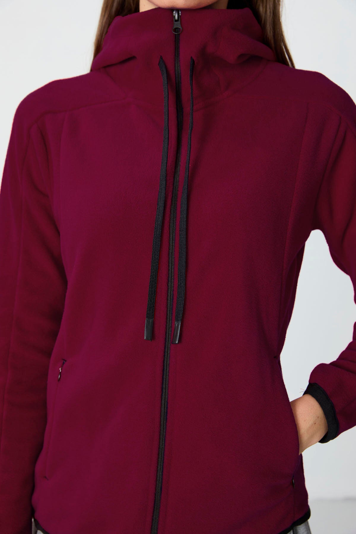 Image of Erguvan Kalın Yumuşak Dokulu Kapüşonlu Standart Fit Nakışlı Polar Kadın Sweatshirt -97287
