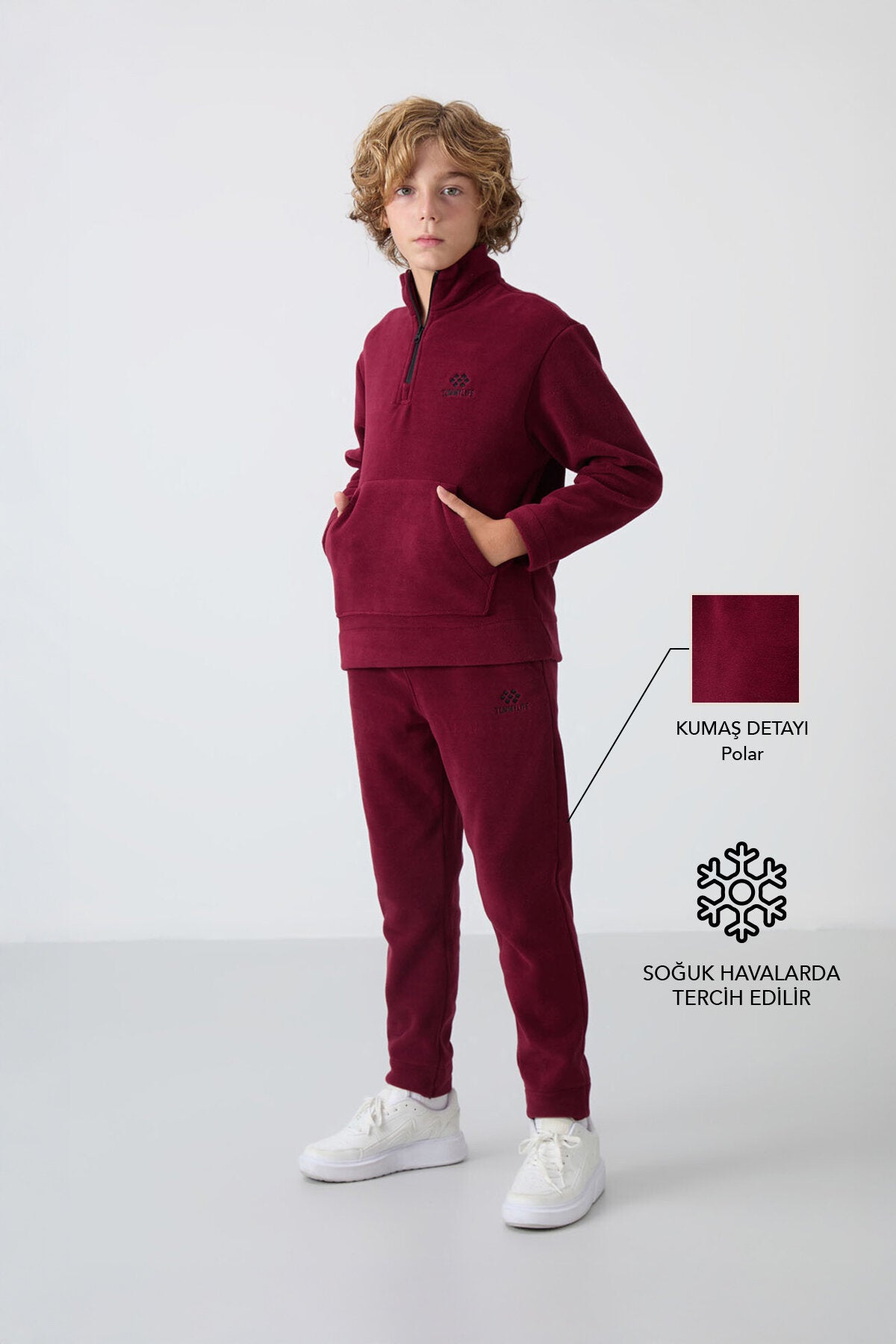 Image of Erguvan Kalın Yumuşak Dokulu Standart Fit Nakışlı Polar Erkek Çocuk Eşofman Takım - 11218