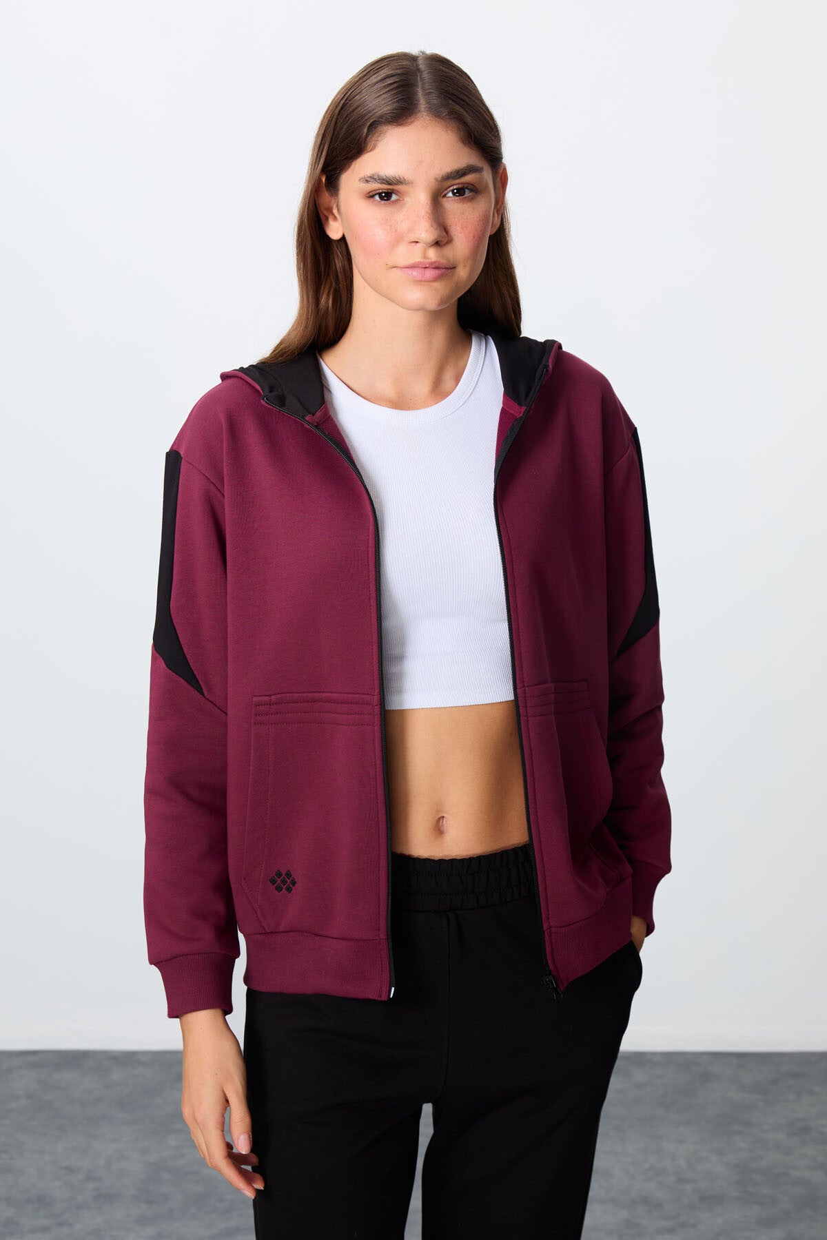 Image of Set trening pentru femei, din bumbac gros, violet-negru, cu glugă, croială oversize - 95343