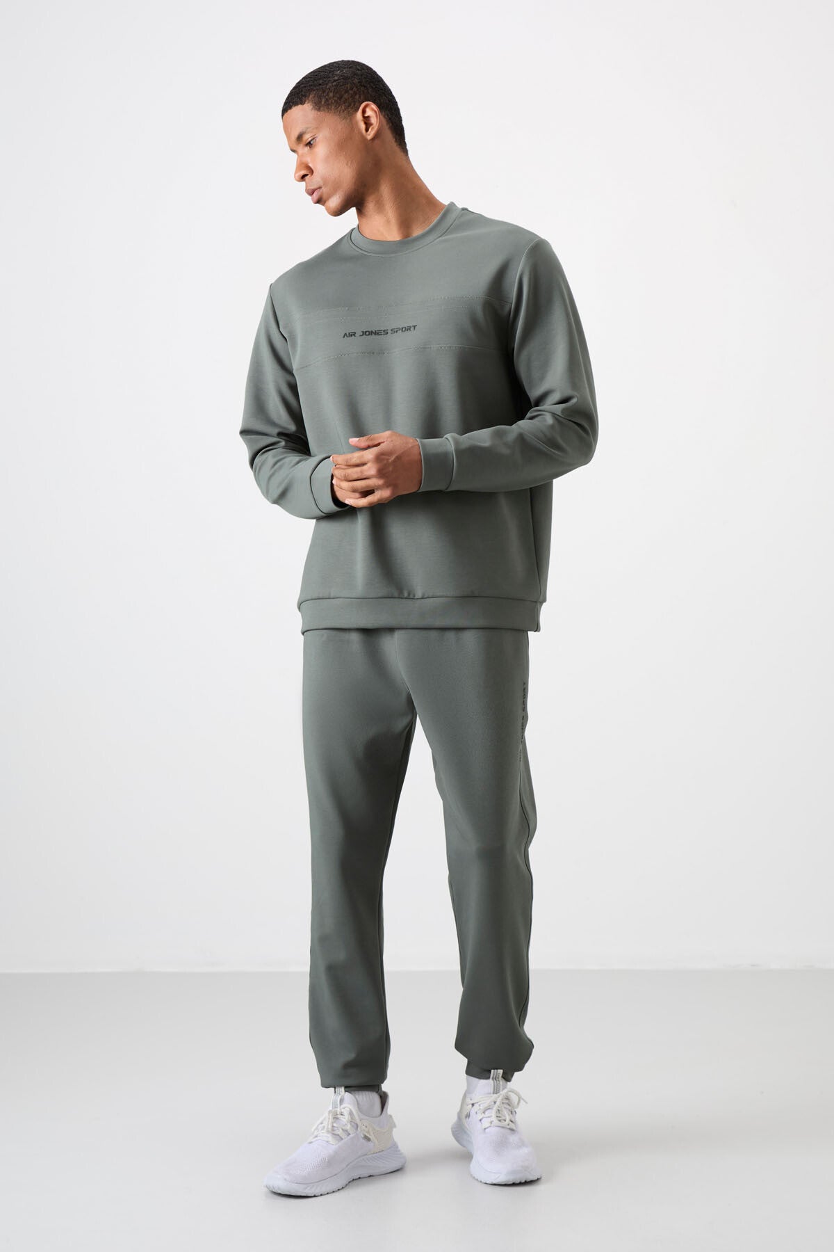 Image of Haki - Haki Pamuklu Kalın Yumuşak Dokulu Comfort Fit Baskılı Erkek Eşofman Takım - 85253