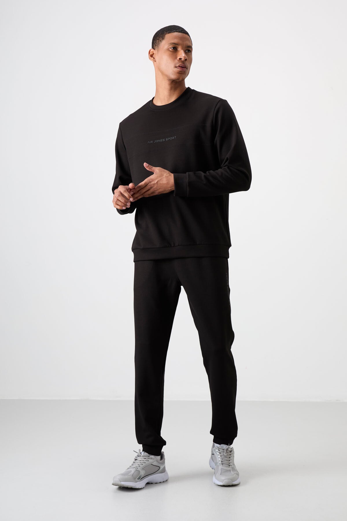 Image of Siyah - Siyah Pamuklu Kalın Yumuşak Dokulu Comfort Fit Baskılı Erkek Eşofman Takım - 85253