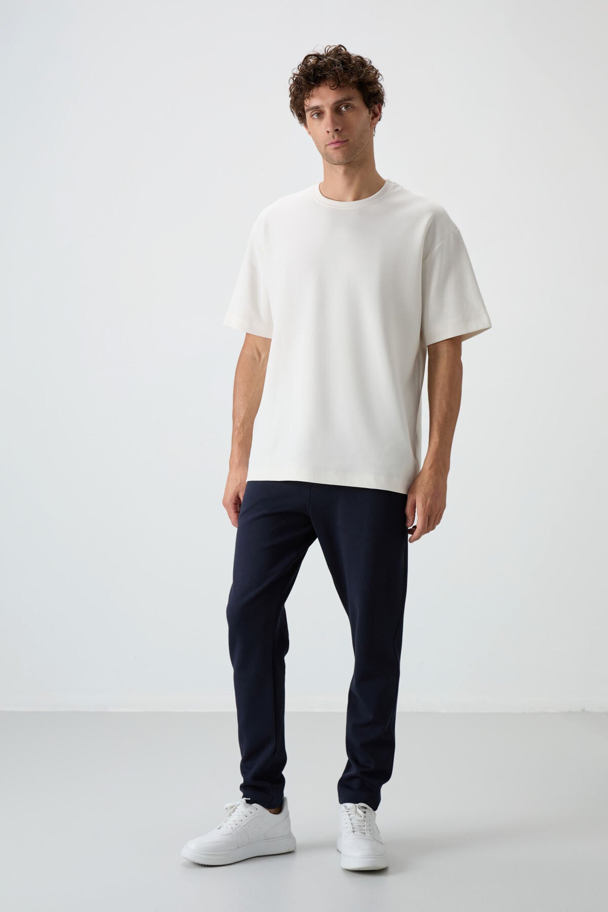 Image of Off-white and navy blue cotton, thick, soft textured, oversized fit basic men's tracksuit - 85251