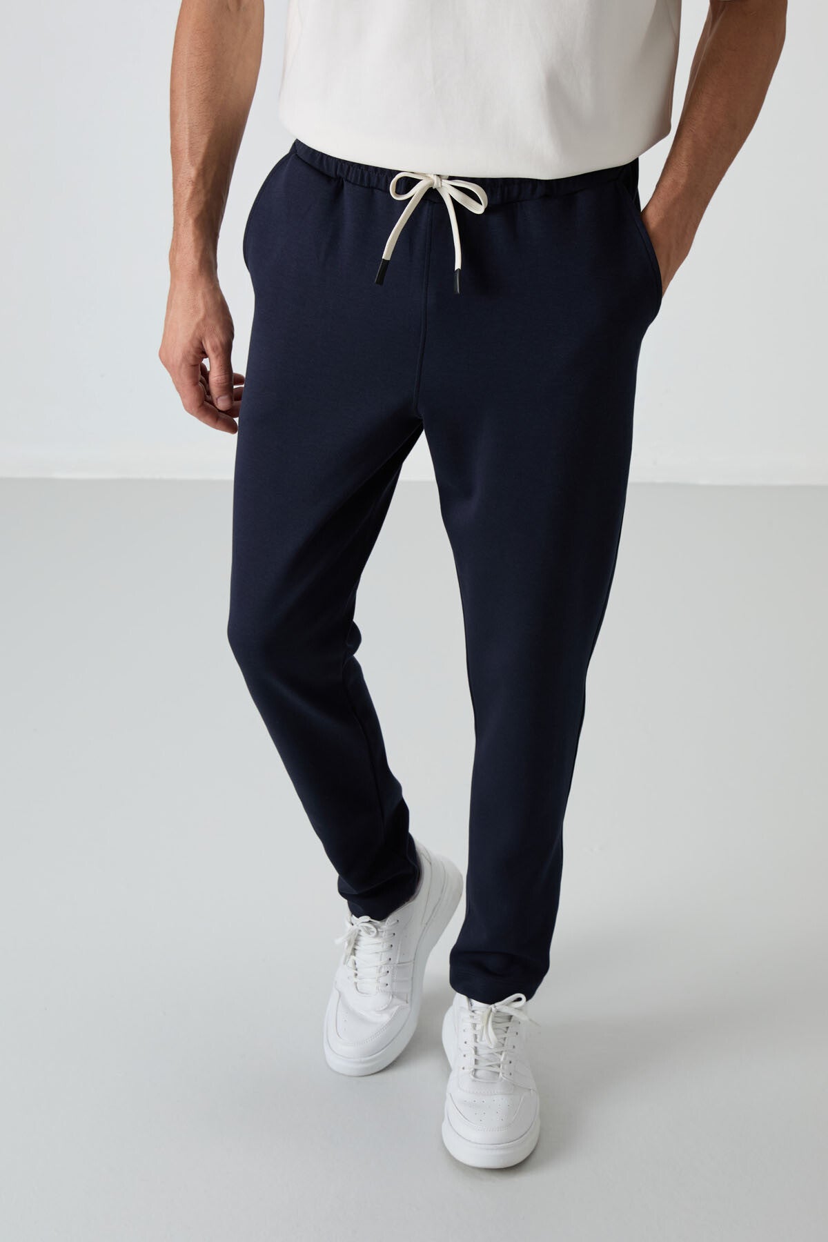 Image of Ekru - Lacivert Pamuklu Kalın Yumuşak Dokulu Oversize Fit Basic Erkek Eşofman Takım - 85251