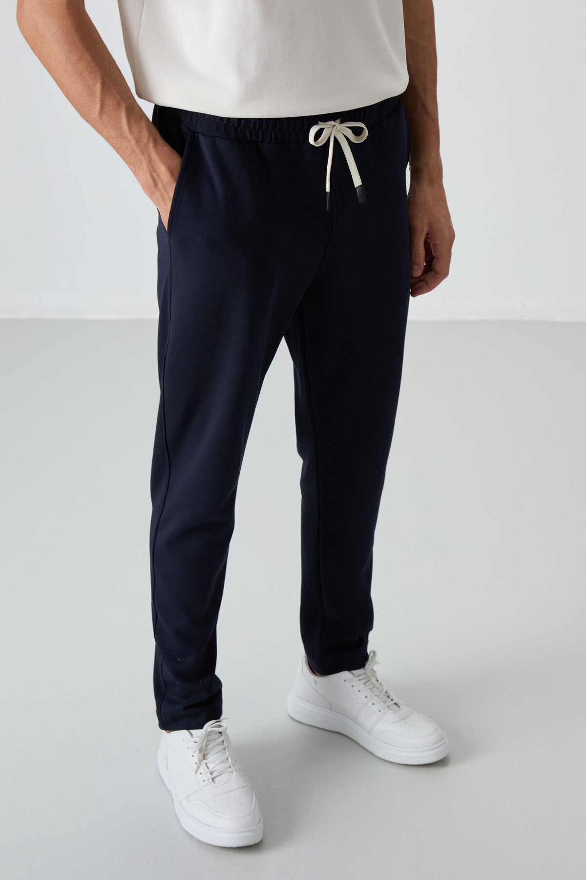 Image of Off-white and navy blue cotton, thick, soft textured, oversized fit basic men's tracksuit - 85251