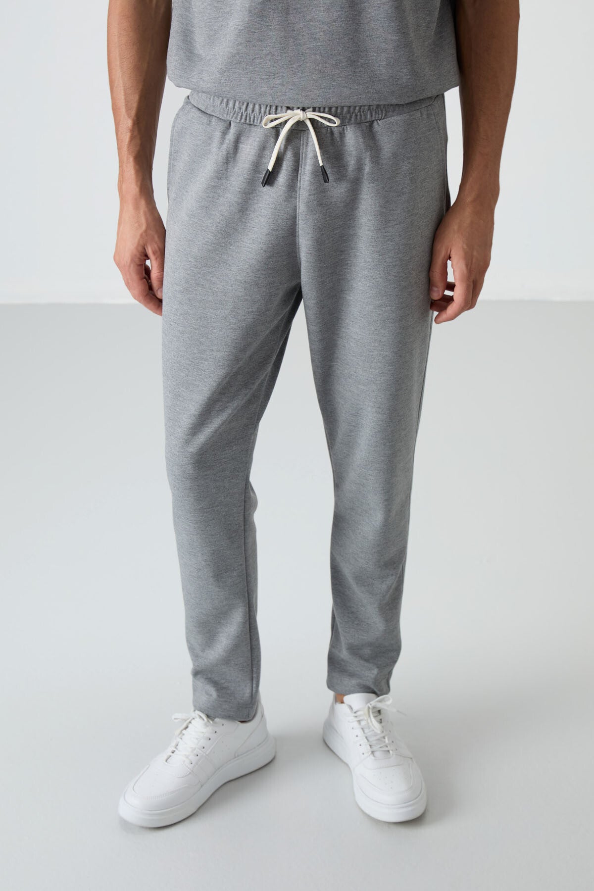 Image of Gri Melanj Pamuklu Kalın Yumuşak Dokulu Oversize Fit Basic Erkek Eşofman Takım - 85251
