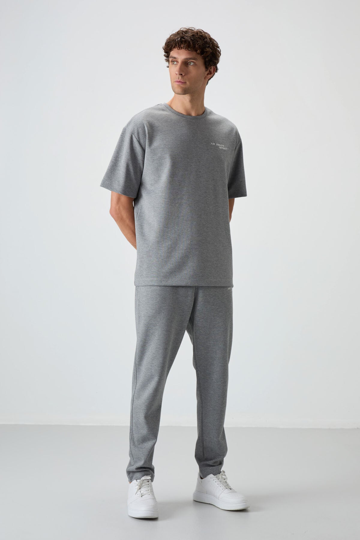Image of Gri Melanj Pamuklu Kalın Yumuşak Dokulu Oversize Fit Nakışlı Erkek Eşofman Takım - 85252