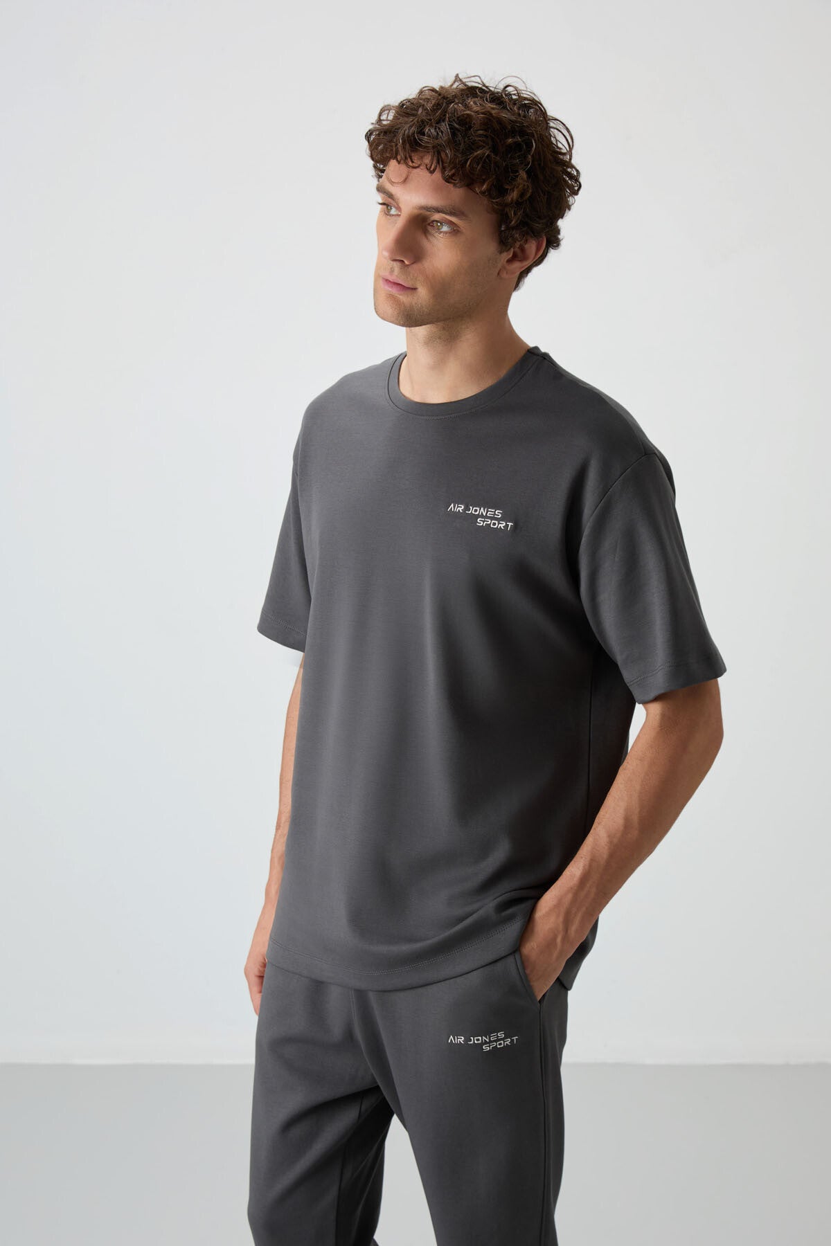 Image of Khaki Cotton Thick Soft Textured Oversize Fit Embroidered Men's Tracksuit Set - 85252