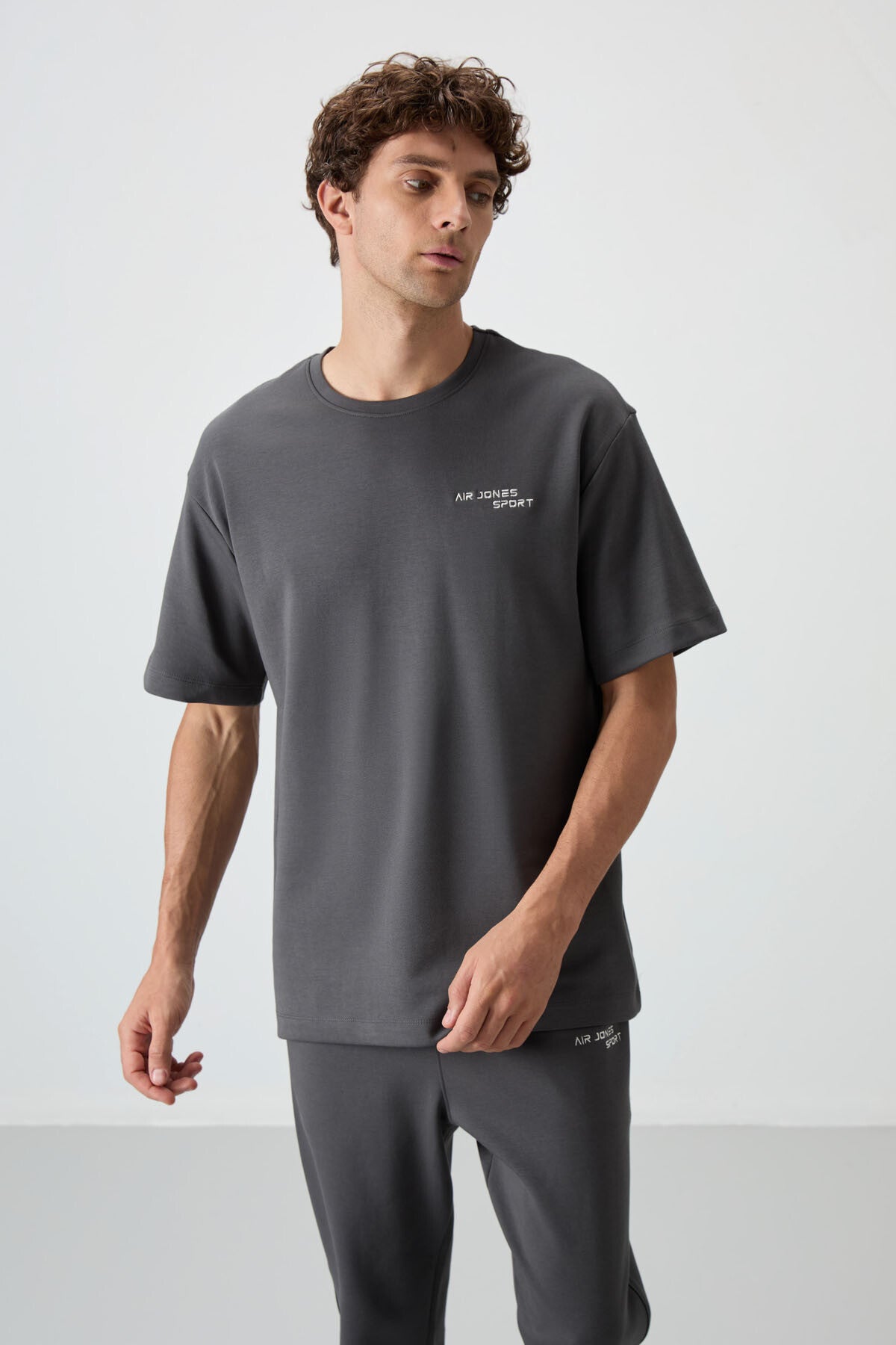 Image of Haki Pamuklu Kalın Yumuşak Dokulu Oversize Fit Nakışlı Erkek Eşofman Takım - 85252