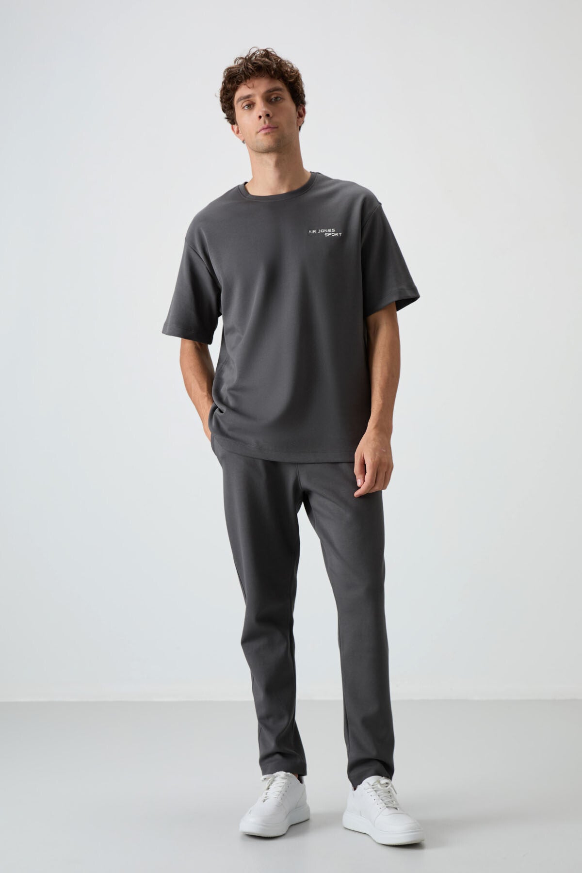 Image of Khaki Cotton Thick Soft Textured Oversize Fit Embroidered Men's Tracksuit Set - 85252
