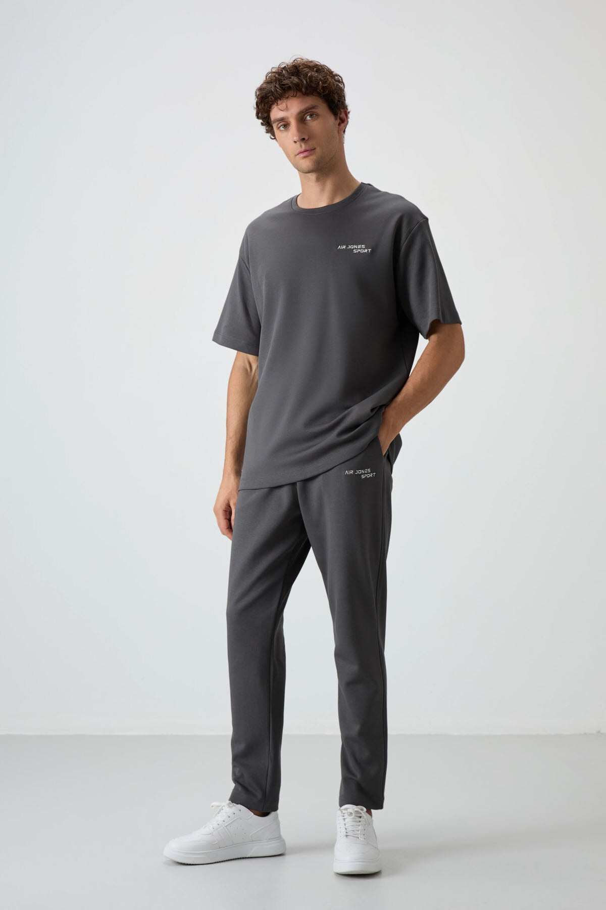 Image of Haki Pamuklu Kalın Yumuşak Dokulu Oversize Fit Nakışlı Erkek Eşofman Takım - 85252