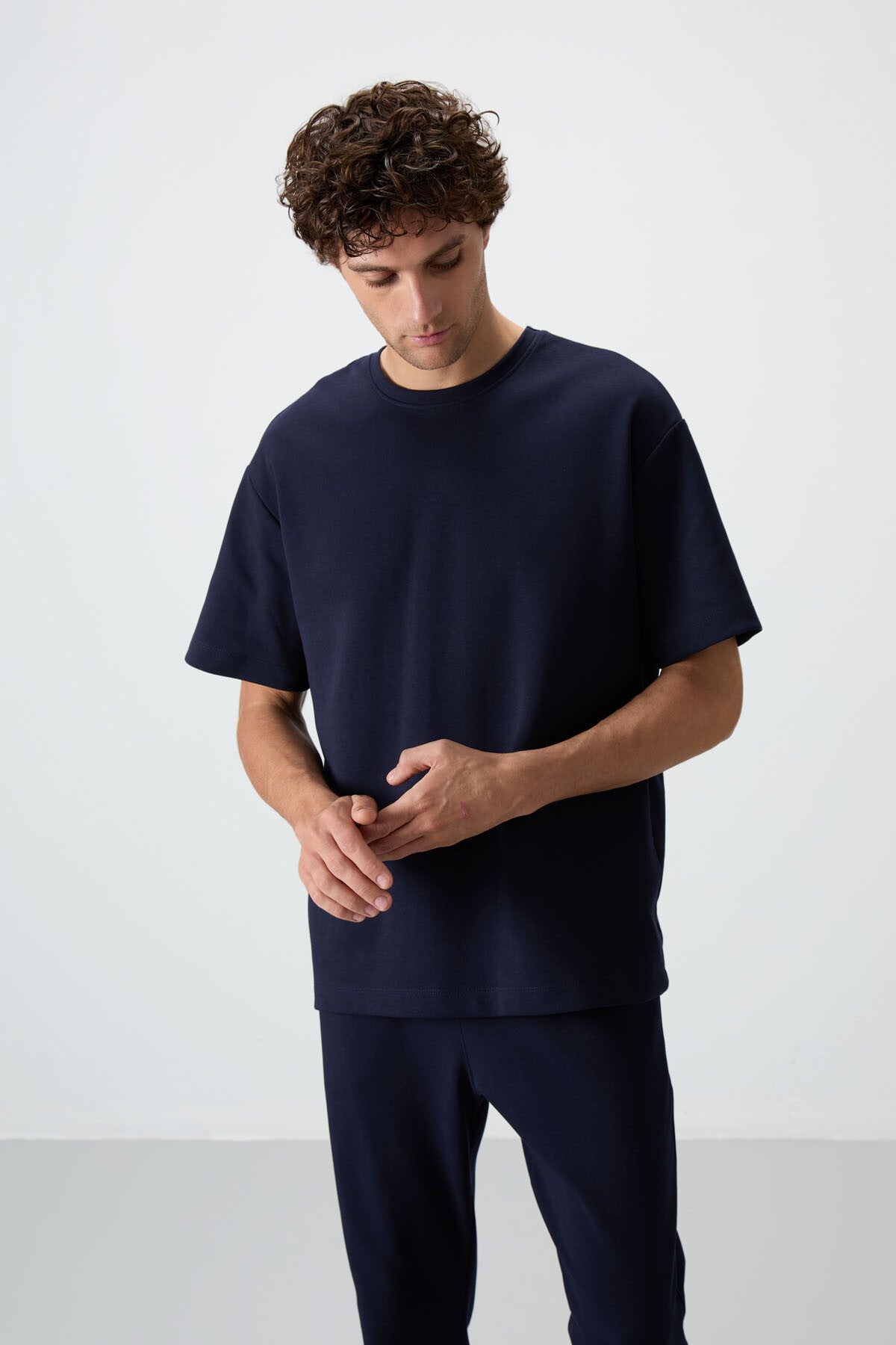 Image of Lacivert Pamuklu Kalın Yumuşak Dokulu Oversize Fit Basic Erkek Eşofman Takım - 85251