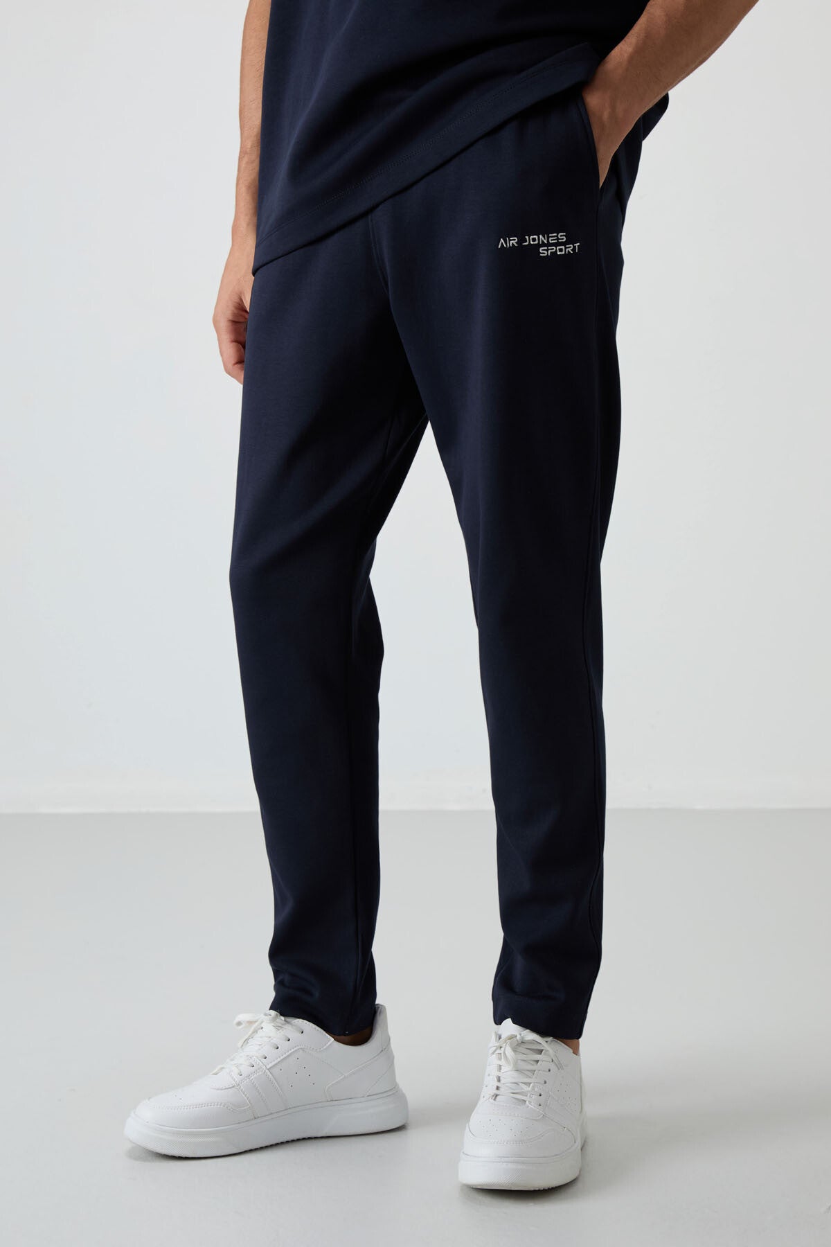 Image of Lacivert Pamuklu Kalın Yumuşak Dokulu Oversize Fit Nakışlı Erkek Eşofman Takım - 85252