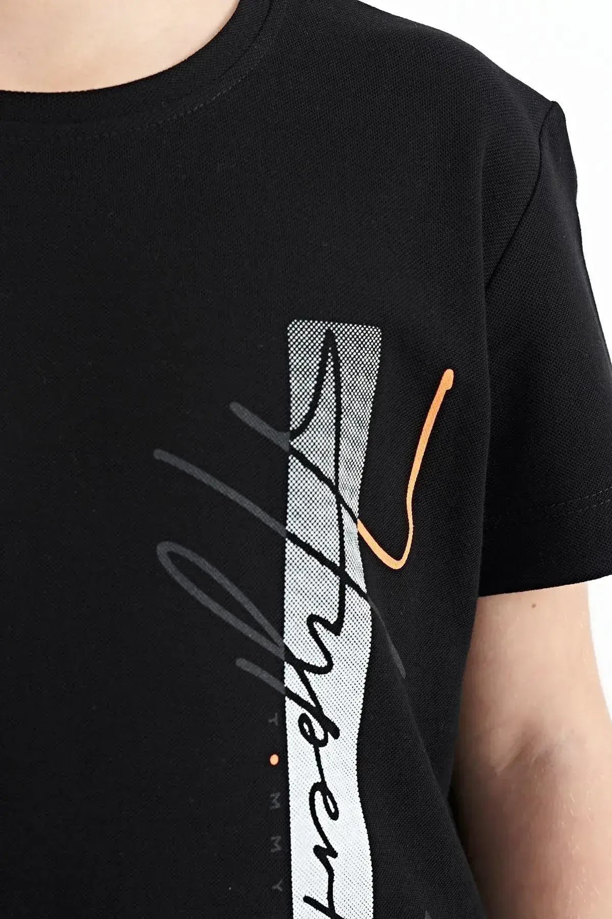 Image of Siyah Yazı Baskılı O Yaka Standart Kalıp Erkek Çocuk T-Shirt - 11119