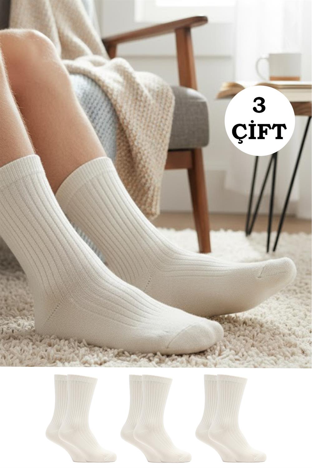 Image of Men's Organic Wool Winter Ankle Socks, Cream, 3-Pack