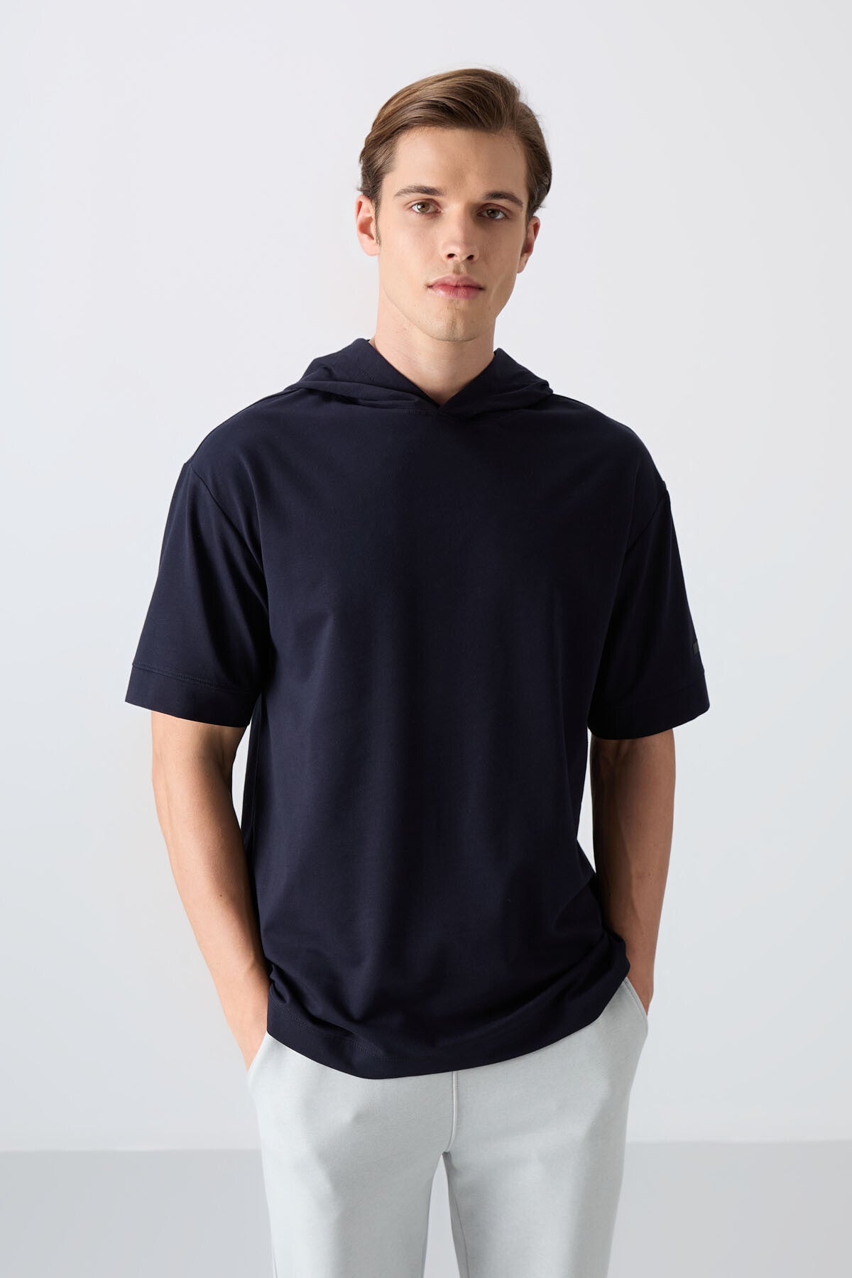 Image of Lacivert Pamuklu Kalın Yumuşak Dokulu Oversize Fit Basic Erkek T-Shirt - 88352