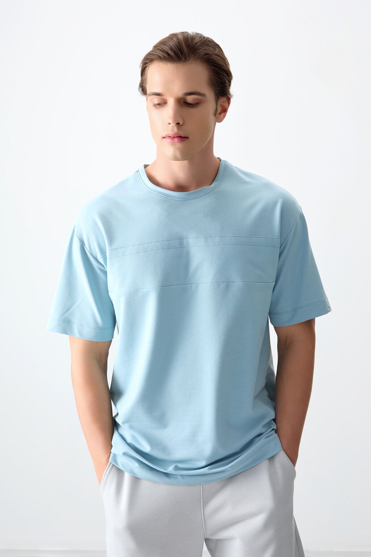 Image of Açık Mavi Pamuklu Kalın Yumuşak Dokulu Oversize Fit Basic Erkek T-Shirt - 88378