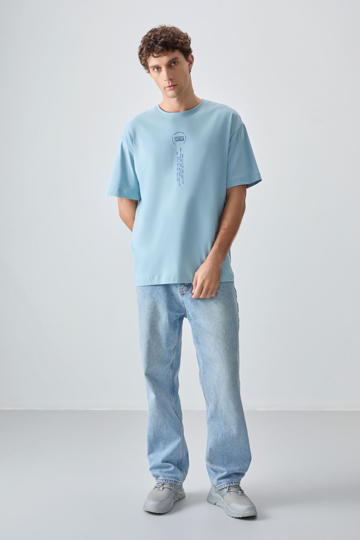 Image of Açık Mavi %100 Pamuk Kalın Yumuşak Dokulu Oversize Fit Baskılı Erkek T-Shirt - 88355