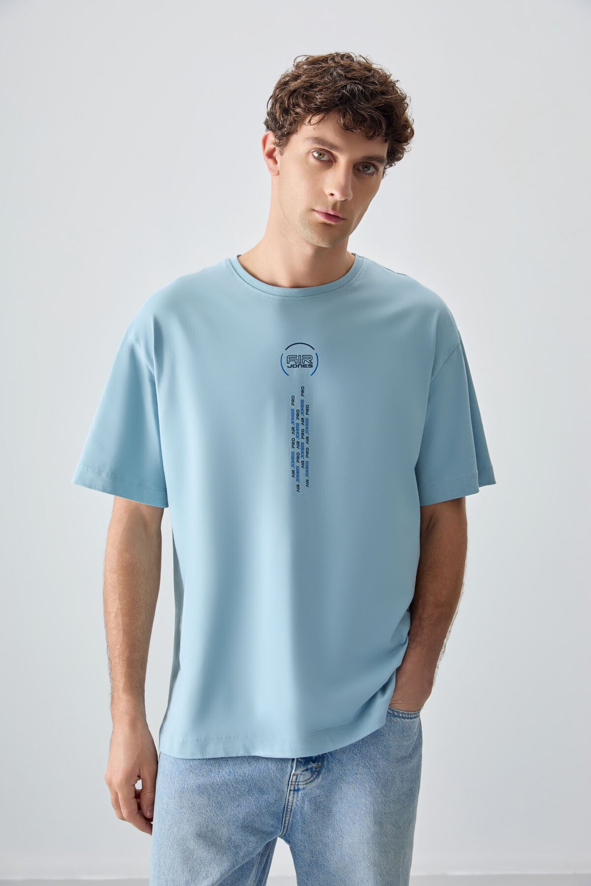 Image of Açık Mavi %100 Pamuk Kalın Yumuşak Dokulu Oversize Fit Baskılı Erkek T-Shirt - 88355